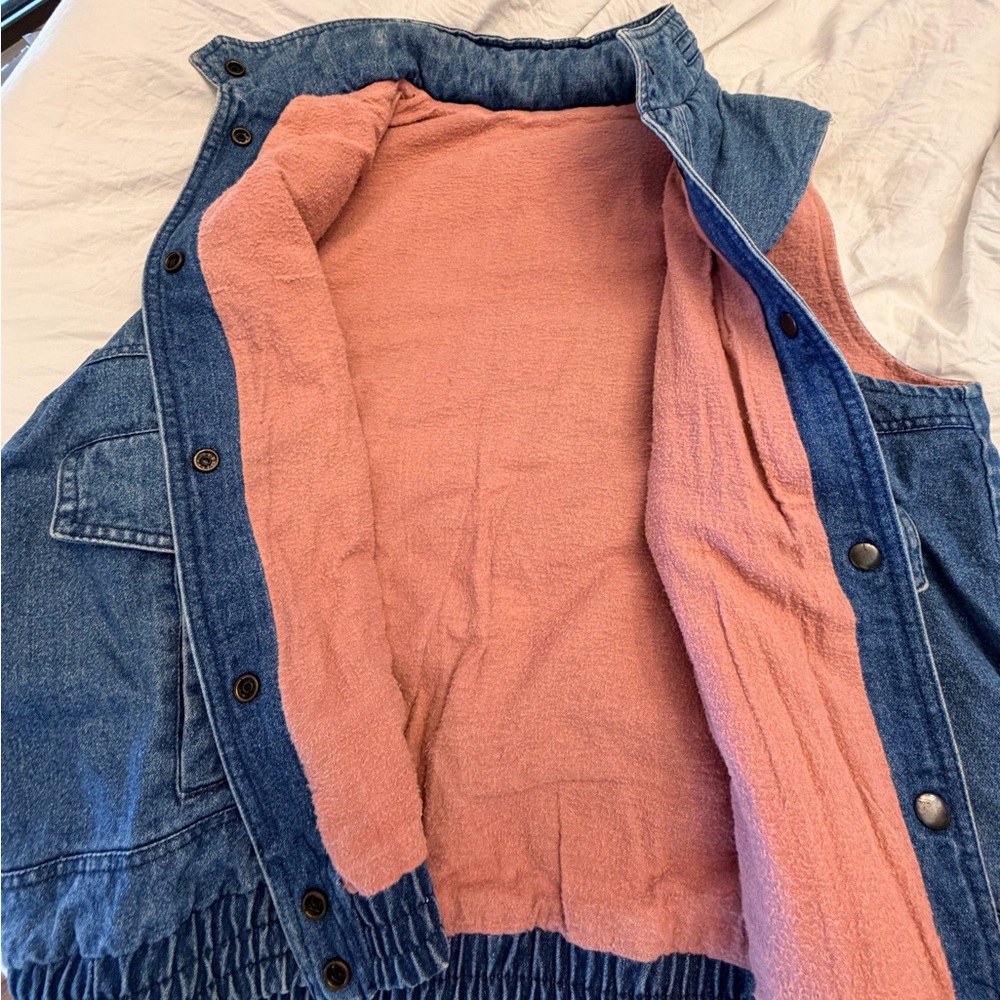 Izzi Women’s L Vintage 1980’s Retro Denim Vest Jacket Hide Hat Hoodie Lined - Picture 4 of 14